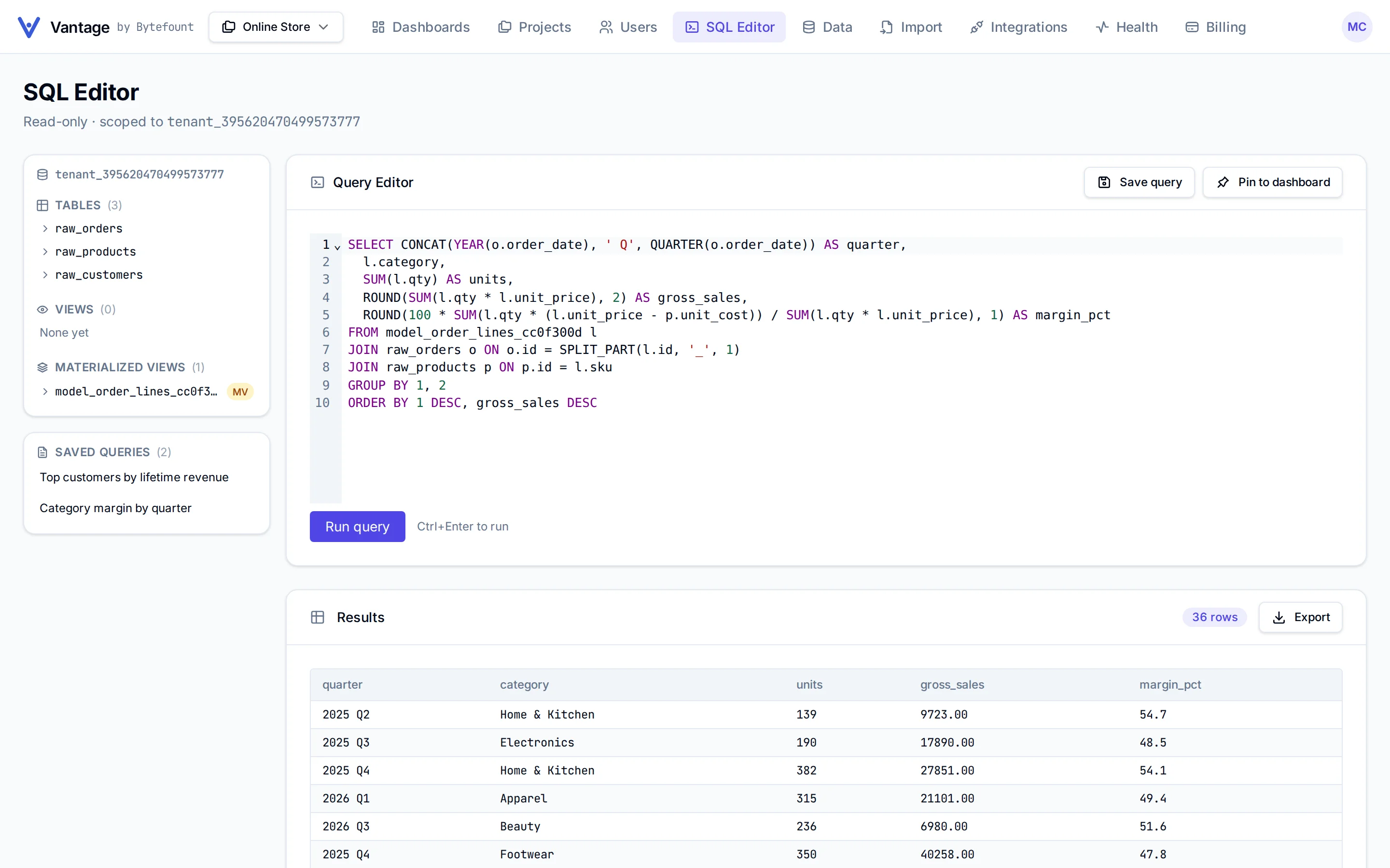 Vantage SQL editor running a category margin by quarter query beside the schema tree, saved queries and results